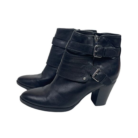 Marc Fisher Black Engine Buckle Leather Block Heeled Ankle Boot Zip Woman 9.5 M - Picture 1 of 9